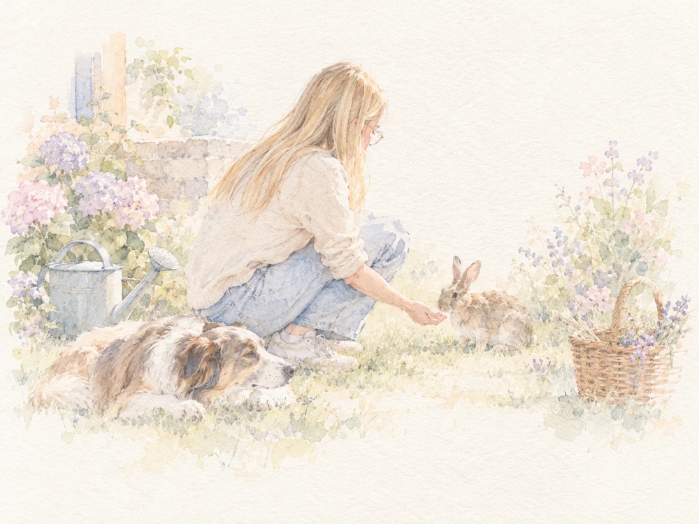 Aquarelle : dans un jardin, une jeune femme blonde aux cheveux longs, accroupie, tend la main à un lapin, un chien couché à côté.