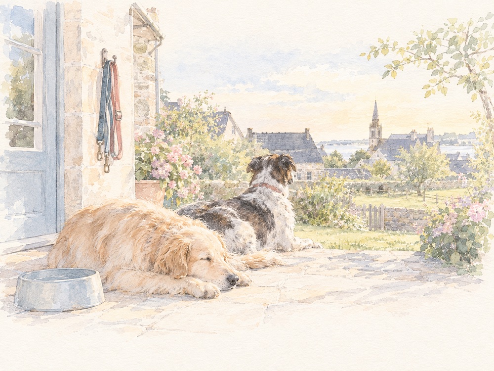 Aquarelle : deux chiens se reposent sur la terrasse d'une maison en pierre, les laisses accrochées au mur, un clocher au loin.