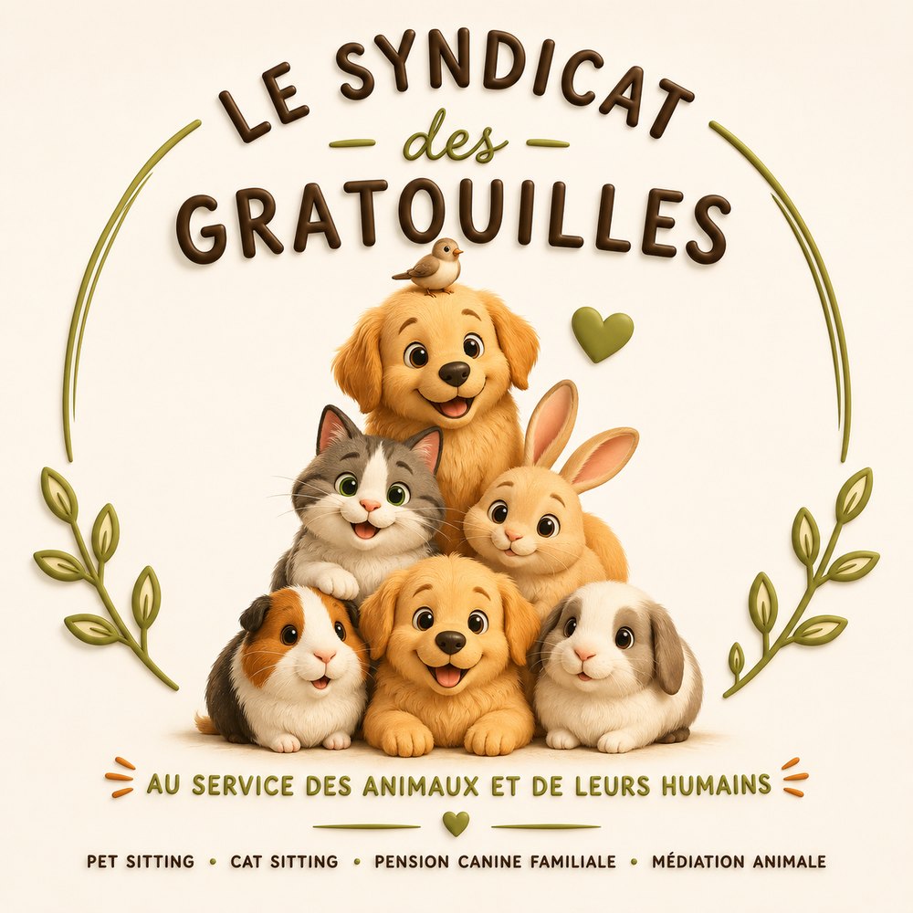 Illustration du Syndicat des Gratouilles : un chiot, un chaton, deux lapins, un cochon d'Inde et un petit oiseau réunis sous la baseline « au service des animaux et de leurs humains », avec les quatre services (pet sitting, cat sitting, pension canine familiale, médiation animale).