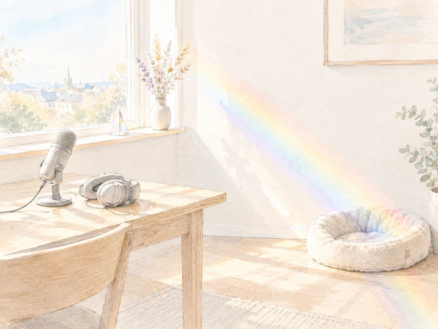 Aquarelle : un micro et un casque sur un bureau clair ; la lumière traverse un prisme et dessine un arc-en-ciel jusqu'à un panier de chat vide.