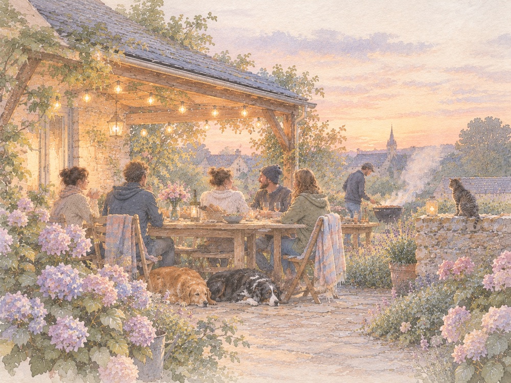 Aquarelle : une tablée d'amis sous une guirlande lumineuse au crépuscule, deux chiens couchés sous la table, un chat sur le muret.